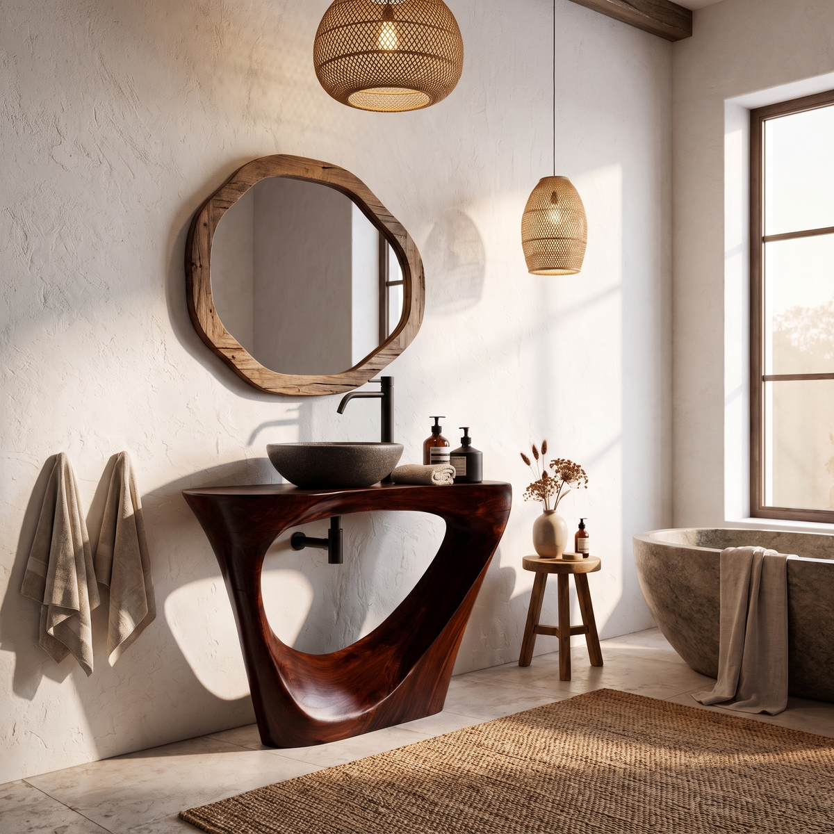 Live Edge Floating Bathroom Vanity With Sculptural Tree Support For Bathroom SINLHABRV320