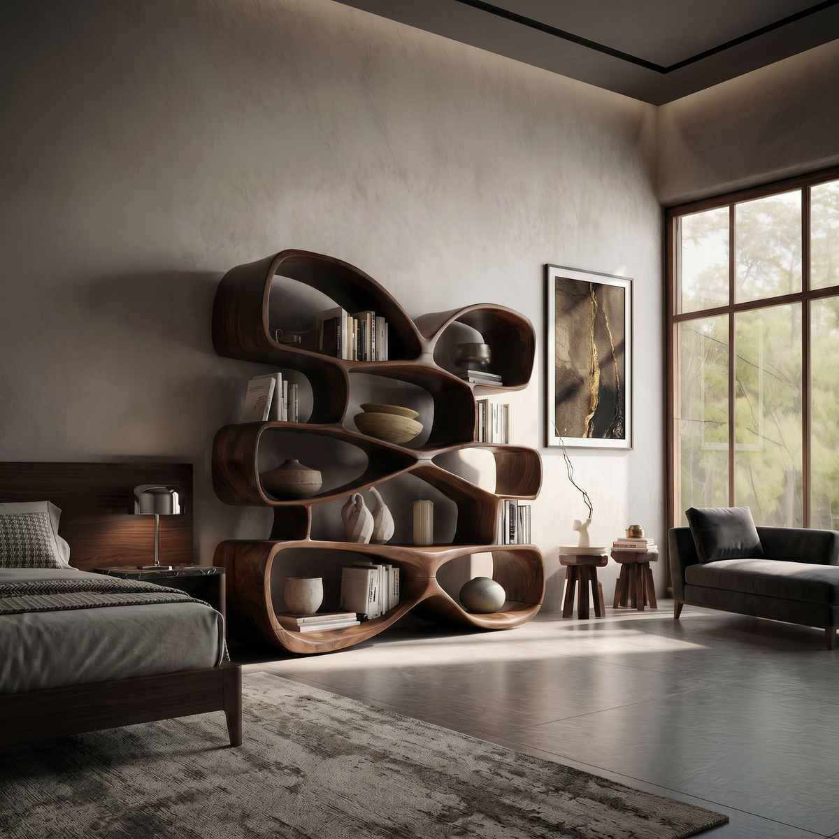 Contemporary Biomorphic Wooden Bookshelf In Fluid Design SILDTTRBS049