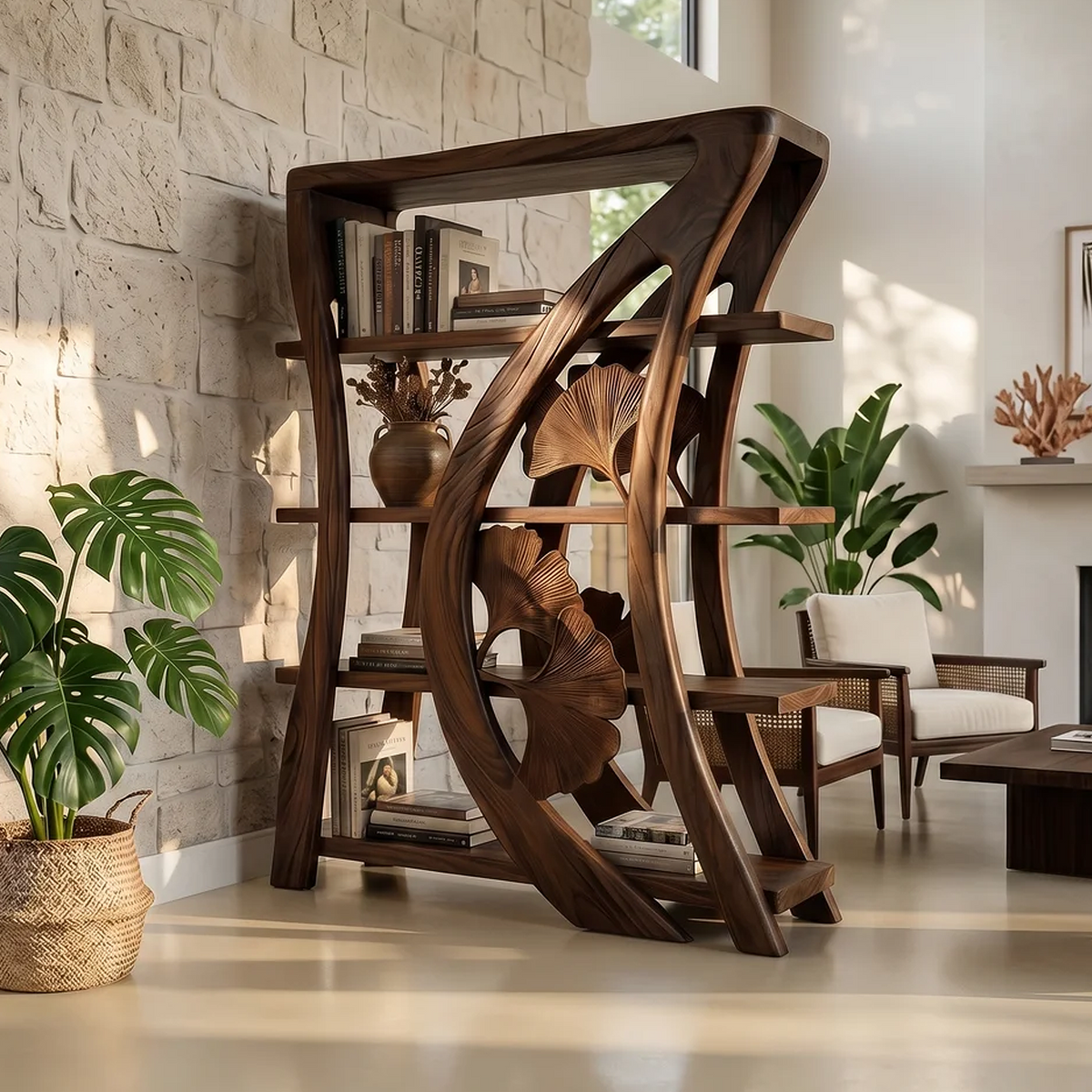 Artistic Wooden Bookcase With Botanical Sculpture Design SILDTTRBS030