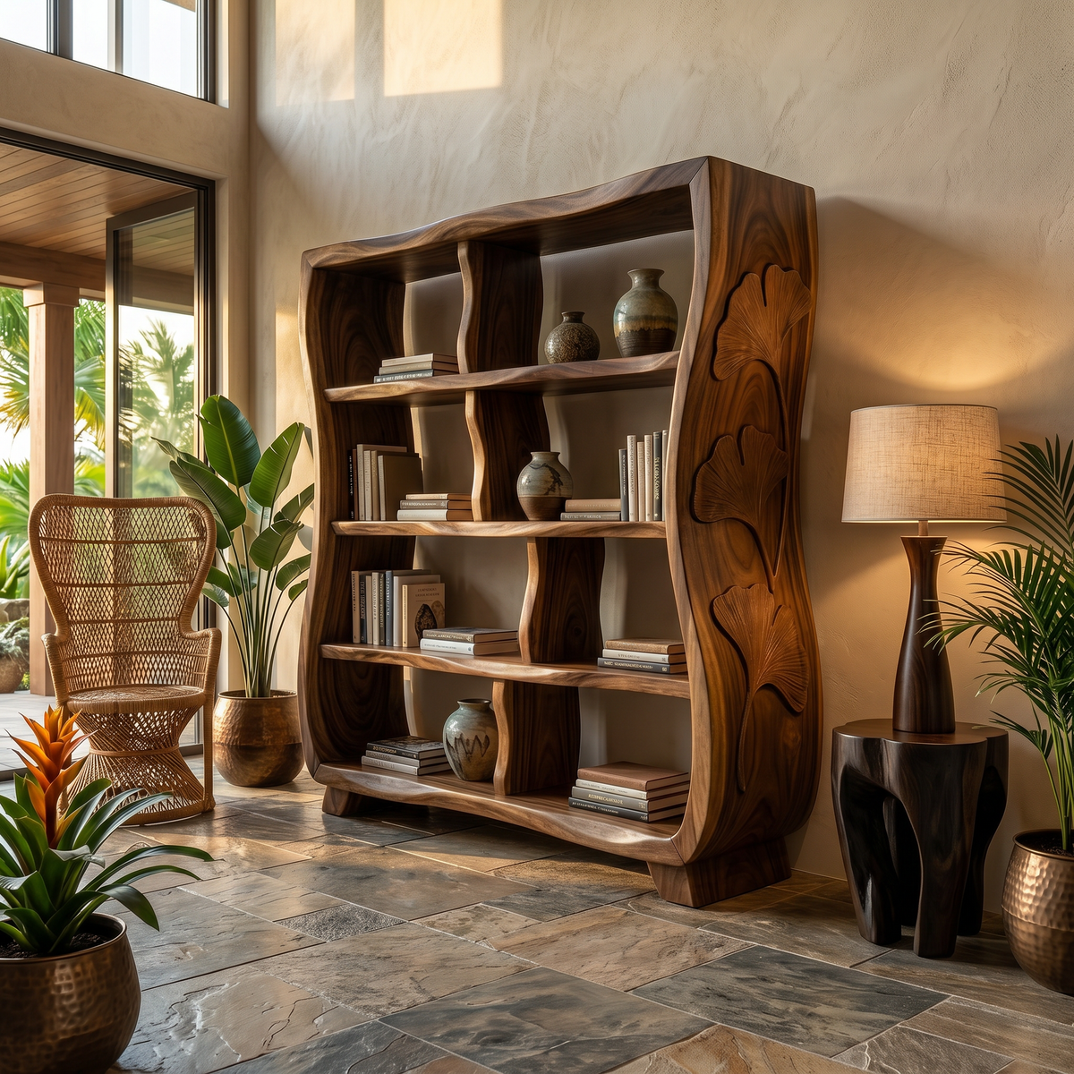 Handcrafted Wooden Bookshelf With Ginkgo Leaf Accents SILDTTRBS029