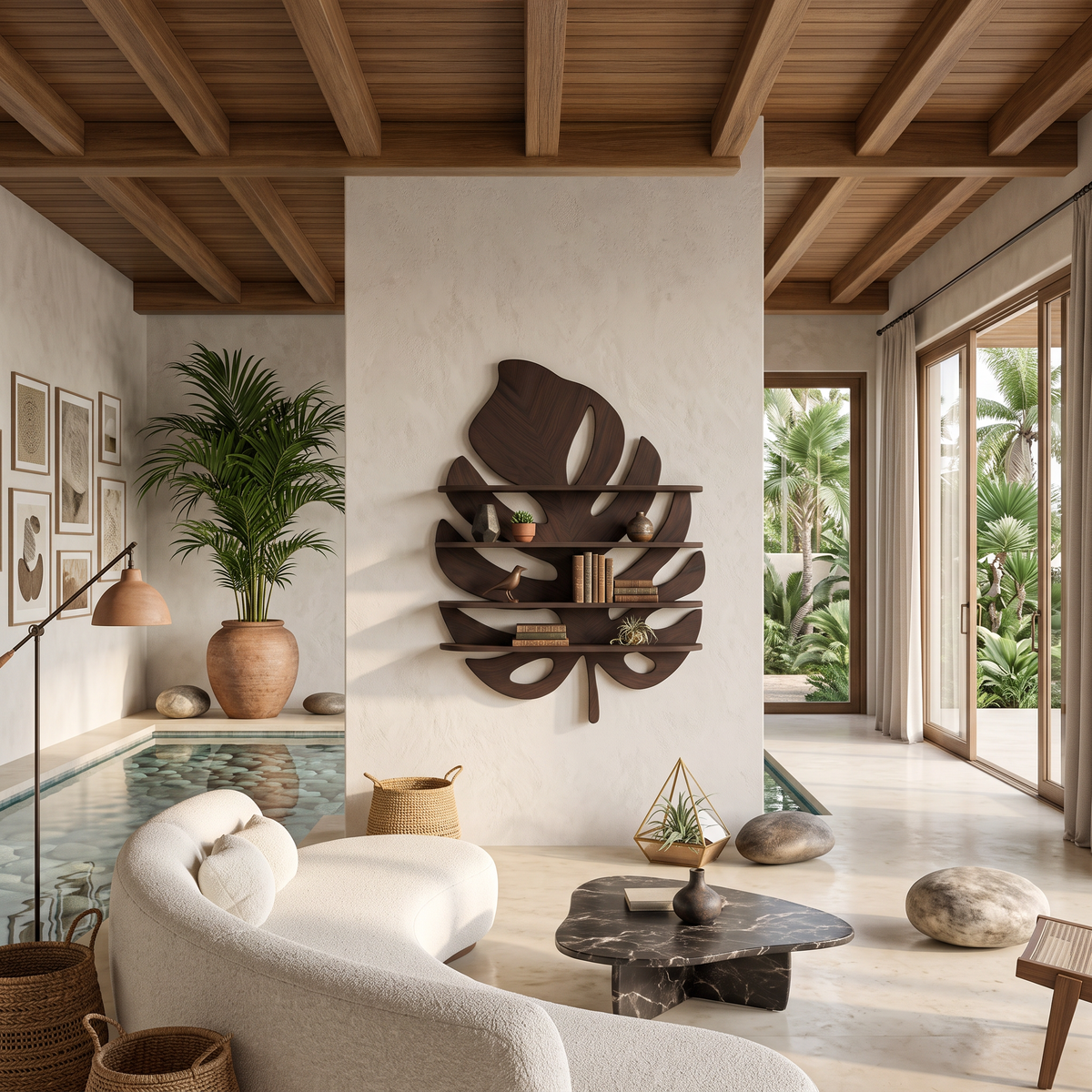 Artistic Wooden Tropical Leaf Wall Mounted Bookshelf For Home Decor RTTHTTBS081