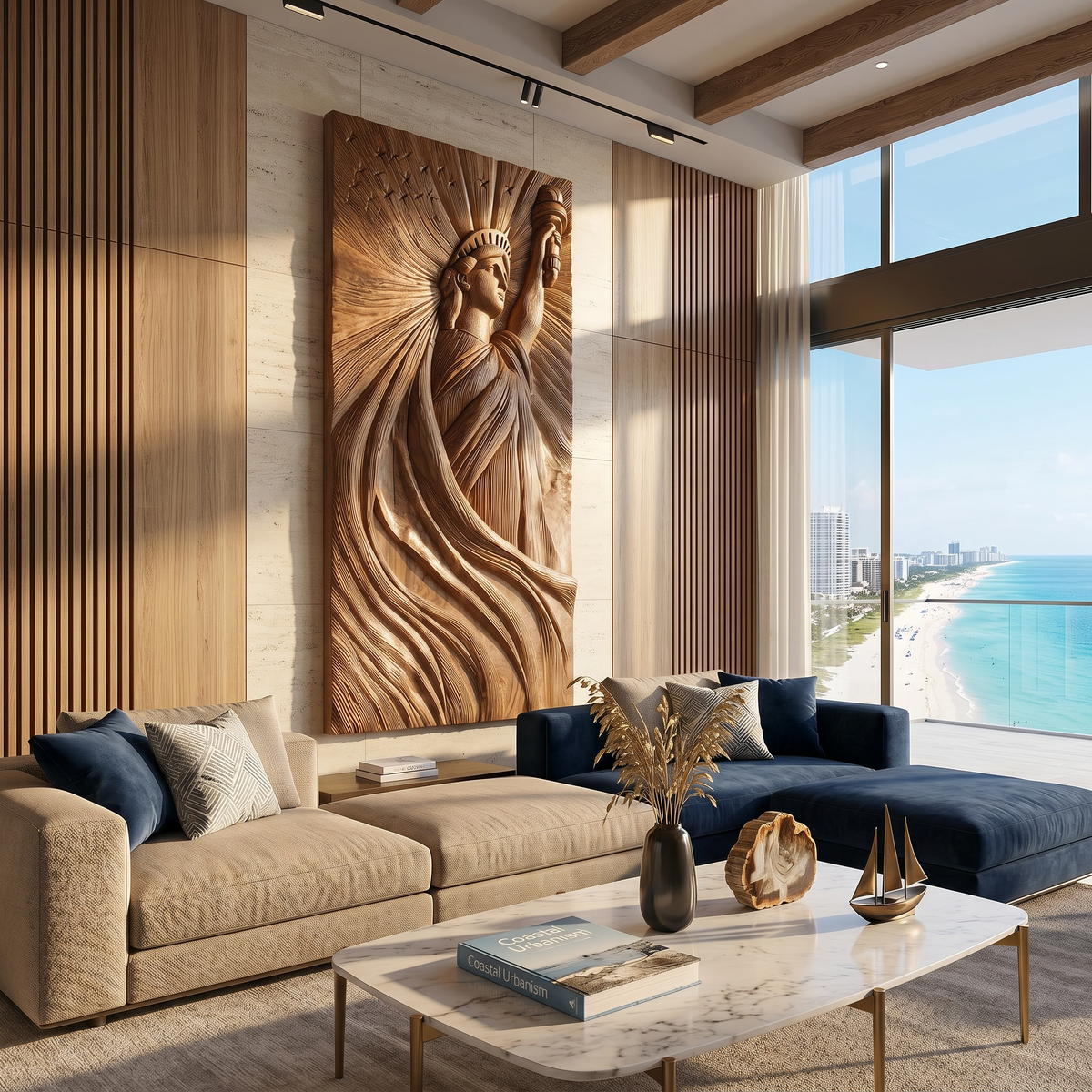 Coastal Modern Statue of Liberty Wood Wall Art, Handcrafted 3D Wooden Icon Sculpture Panel for Luxury Beach Villa Bedroom Decor, SILDTTRWA121