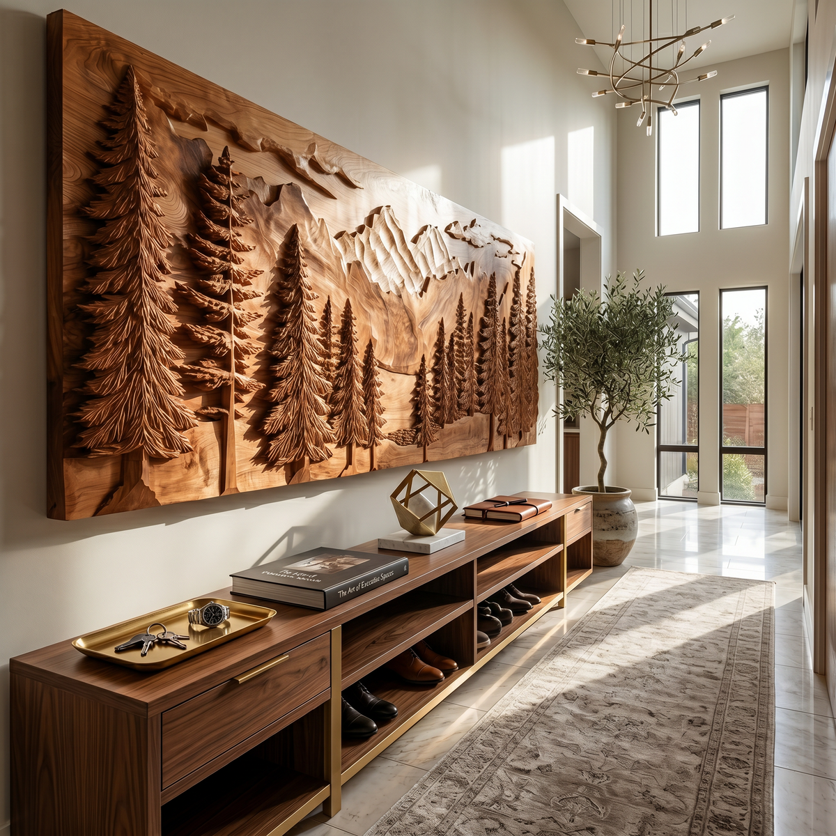 Luxury Carved Pine Forest Wood Wall Art, 3D Handcrafted Woodland Tree Nature Landscape Panel for Cabin Lodge Living Room Decor, SILDTTRWA107