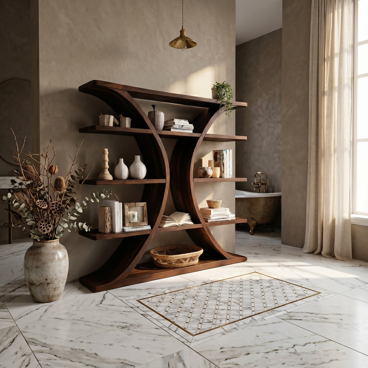 Luxury Organic Wooden Spa Shelf With Sculptural Curved Frame SILDTTRBS046