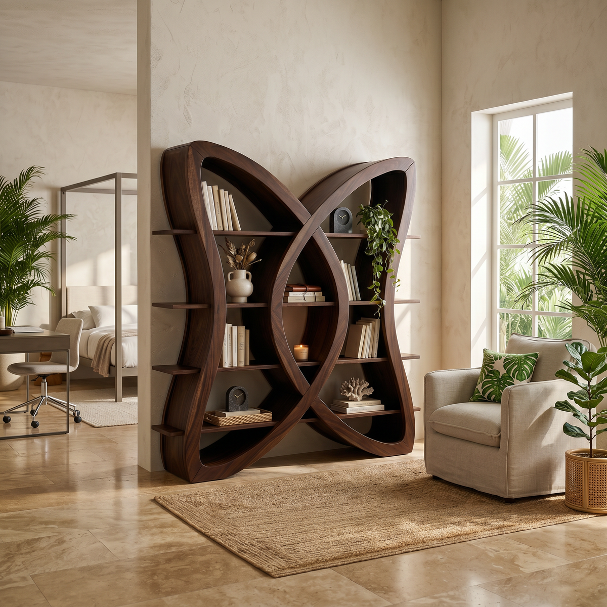 Butterfly Inspired Wooden Bookcase In Organic Style SILDTTRBS037