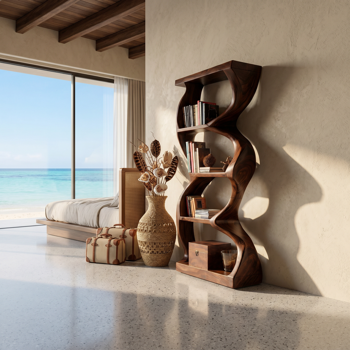 Coastal Inspired Curved Wooden Bookcase With Organic Form SILDTTRBS051