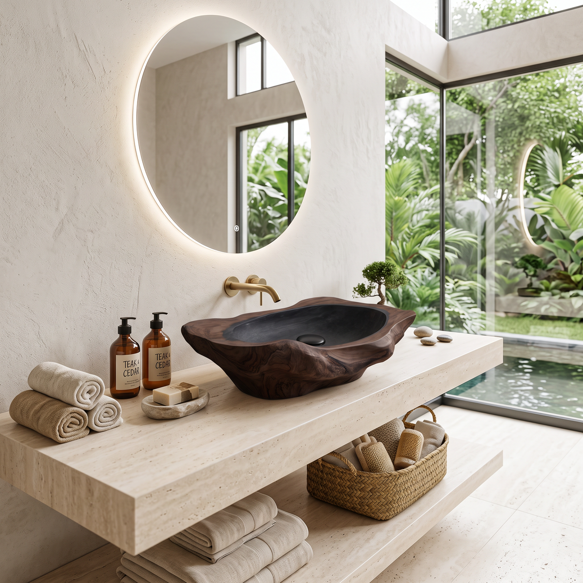 Handcrafted Solid Wood Sink, Live Edge Wooden Vessel Wash Basin Bowl with Natural Wood Grain Texture for Farmhouse Bathroom Vanity, SILDTTNVS016