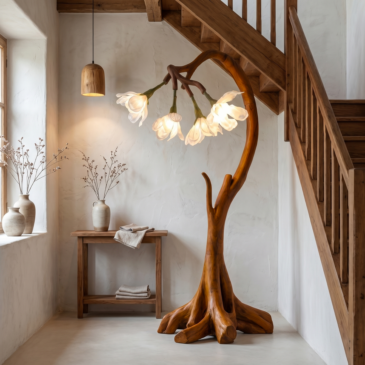 Bloom Floor Lamp With Sculptural Wooden Stand For Living Room And Bedroom SINLSAFLP072