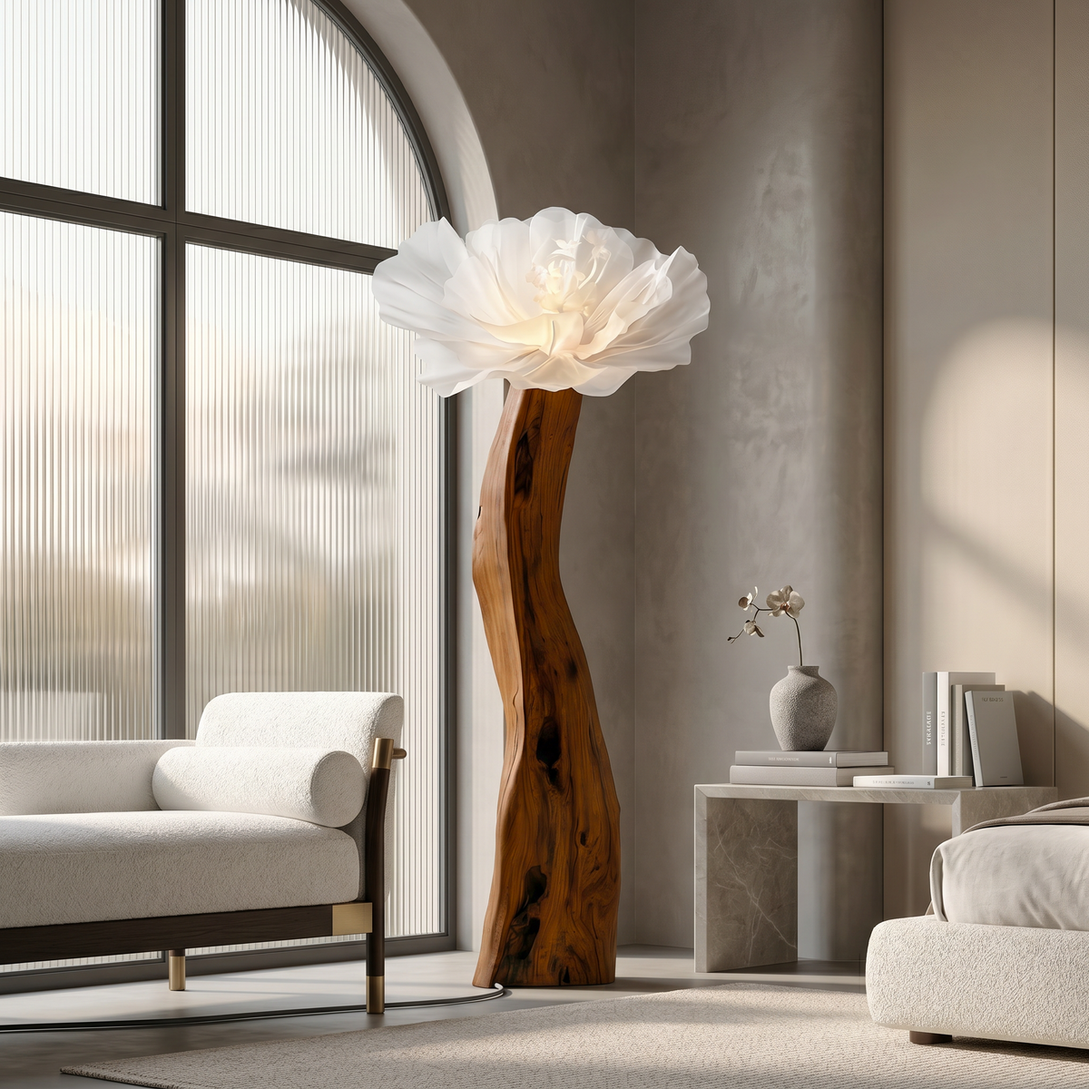 Artistic Flower Floor Lamp Sculptural Wood Base For Living Room SINLSAFLP116