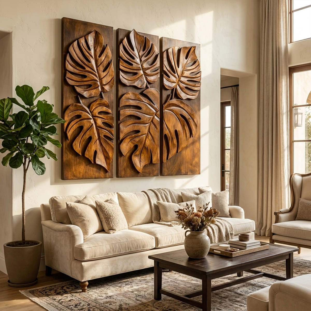 Carved Monstera Leaf Solid Wood Wall Art Triptych Statement Decor SINLKIWD023