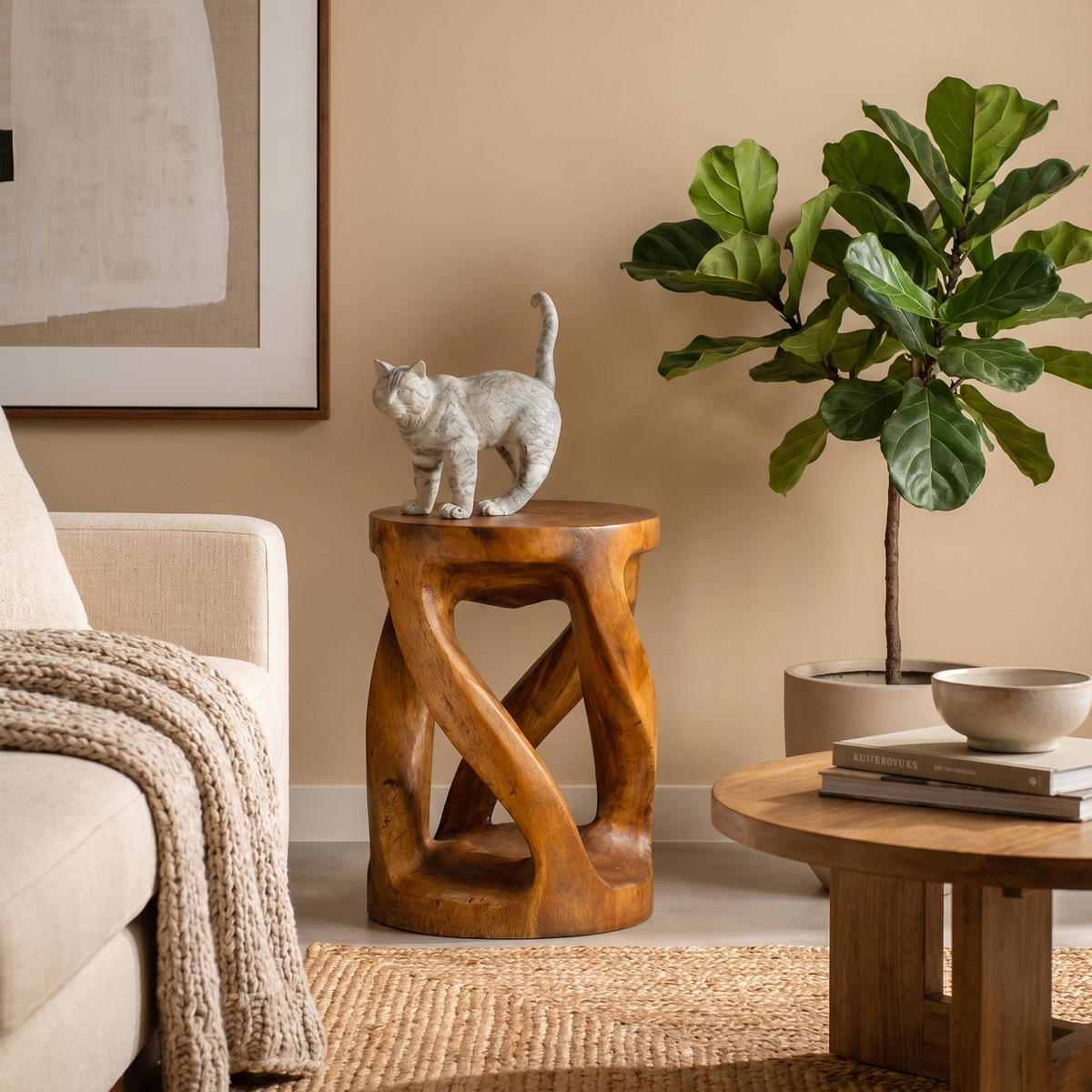 Handcrafted Side Table With Organic Twisted Design For Reading Nook SINLKIBT277