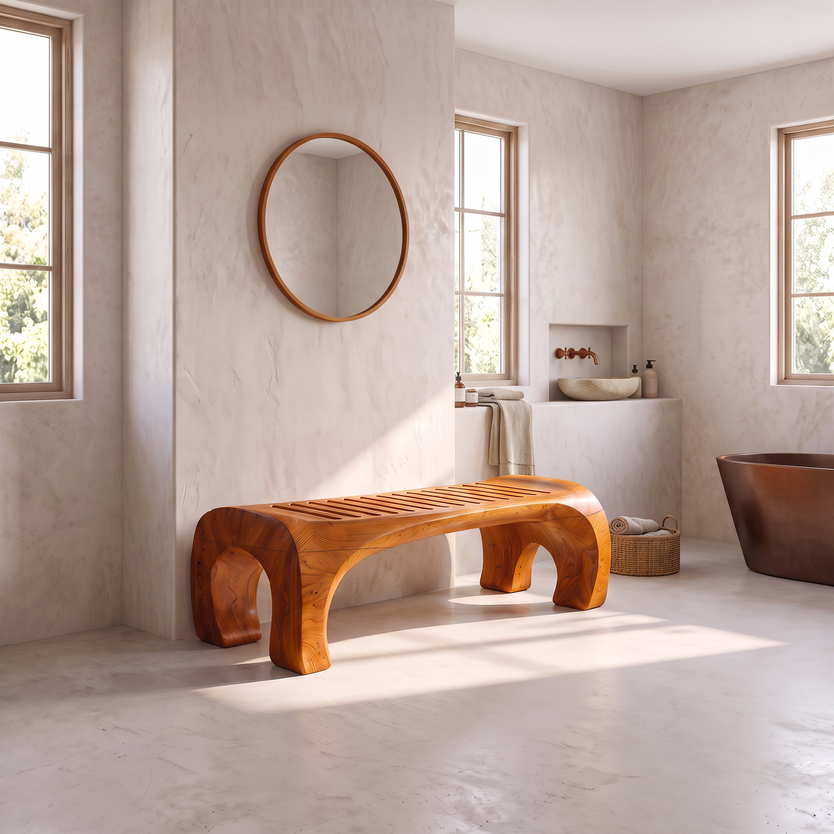 Japandi Bath Bench With Slatted Seat And Balanced Minimal Form SINLSASB008