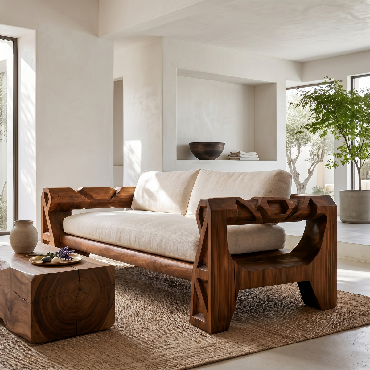Handcrafted Sofa Frame With Sculptural Wood Armrests For Living Room SINLSASF055