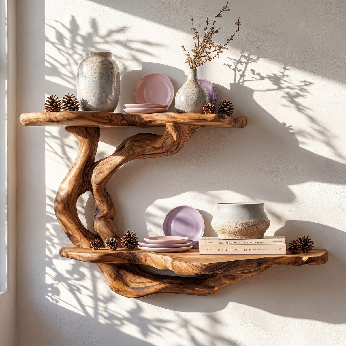 Handcrafted Floating Shelf With Sculptural Tree Form For Living Room Decor SINLHAFL555