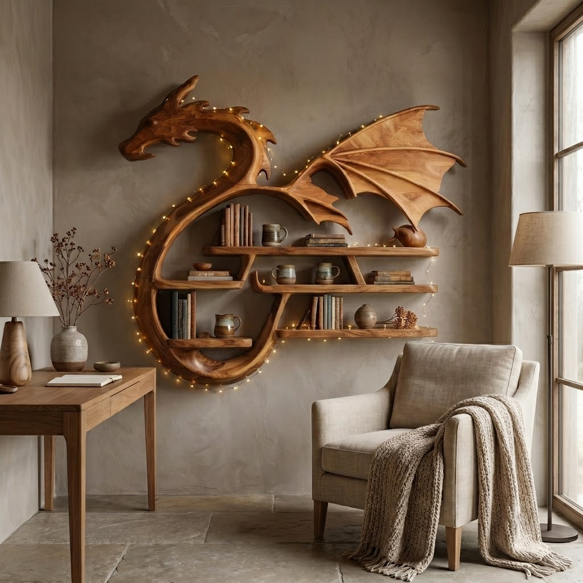 Medieval Dragon Wall Shelf With Sculptural Wooden Display Storage For Living Room SINLHABS044