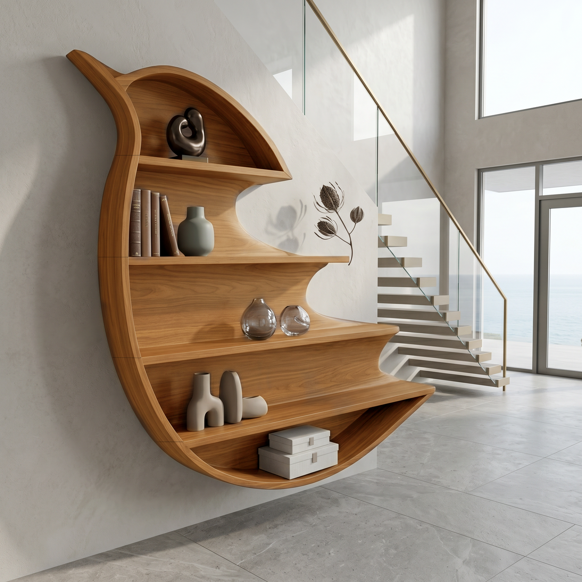 Artistic Wave Bookcase With Wall Mounted Display Storage For Entryway SINLHABS047