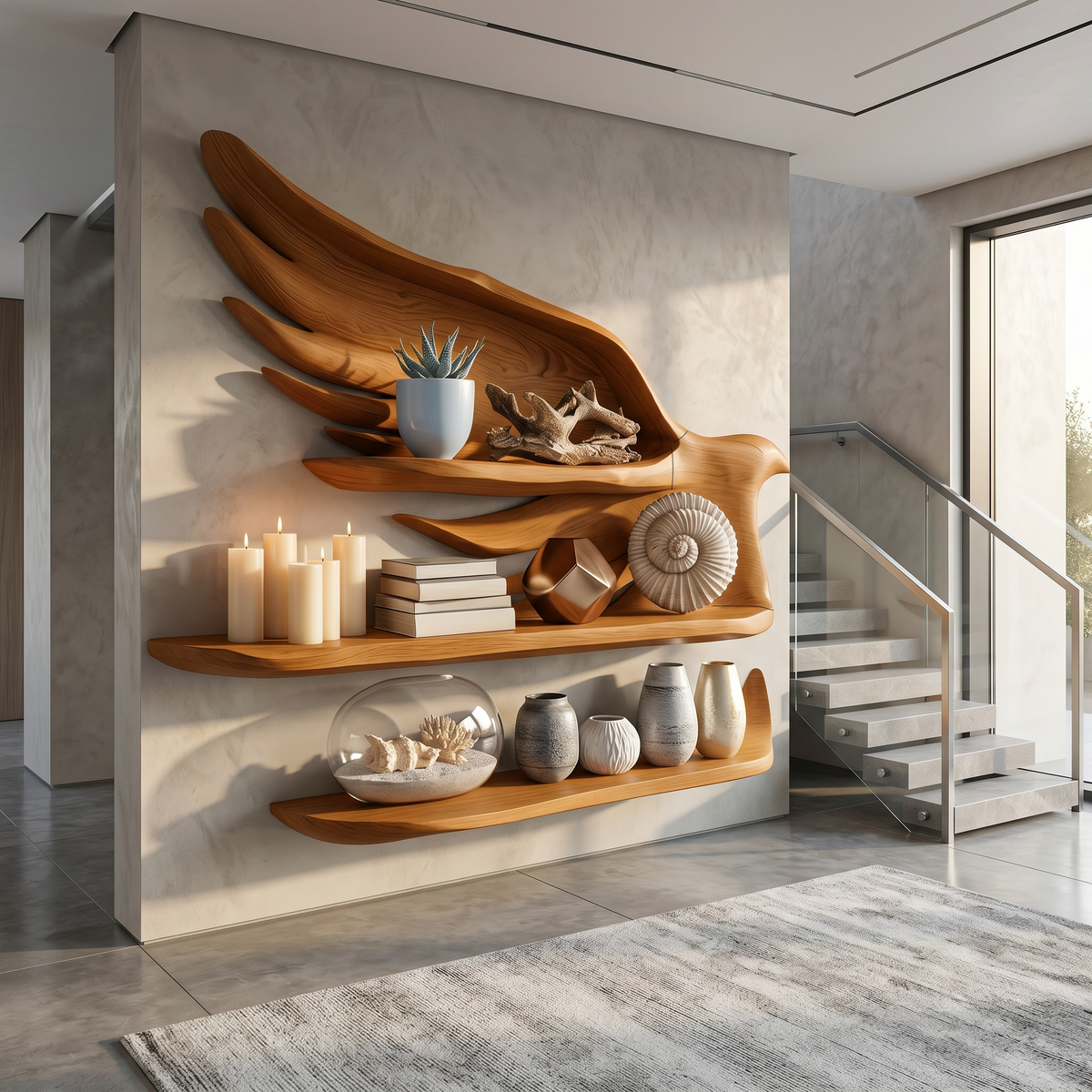 Handcrafted Wave Bookshelf With Artistic Curved Structure For Home Decor SINLHABS048