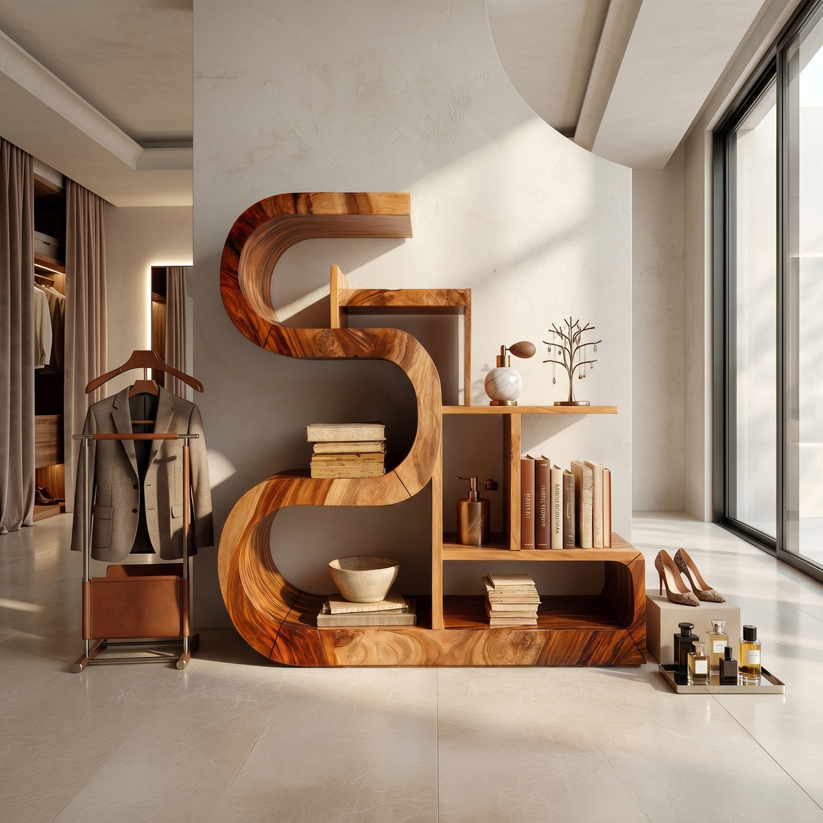 Luxury S-Shaped Wooden Storage Shelf For Contemporary Spaces SILDTTRBS053
