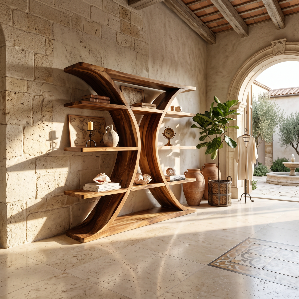 Luxury Organic Wooden Spa Shelf With Sculptural Curved Frame SILDTTRBS046