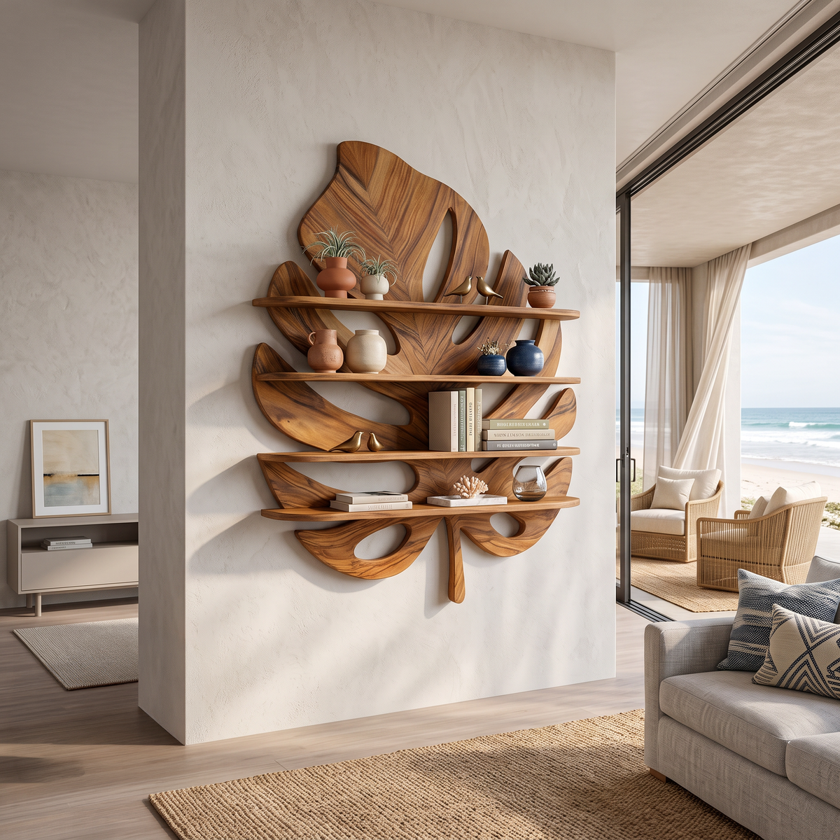 Artistic Wooden Tropical Leaf Wall Mounted Bookshelf For Home Decor RTTHTTBS081