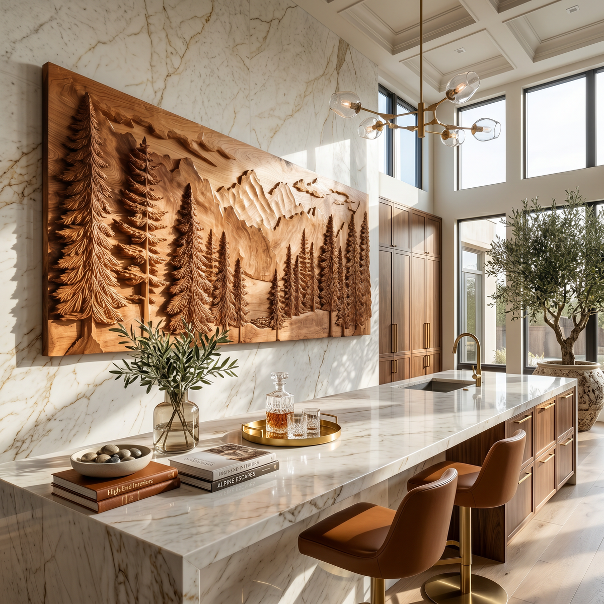 Luxury Carved Pine Forest Wood Wall Art, 3D Handcrafted Woodland Tree Nature Landscape Panel for Cabin Lodge Living Room Decor, SILDTTRWA107