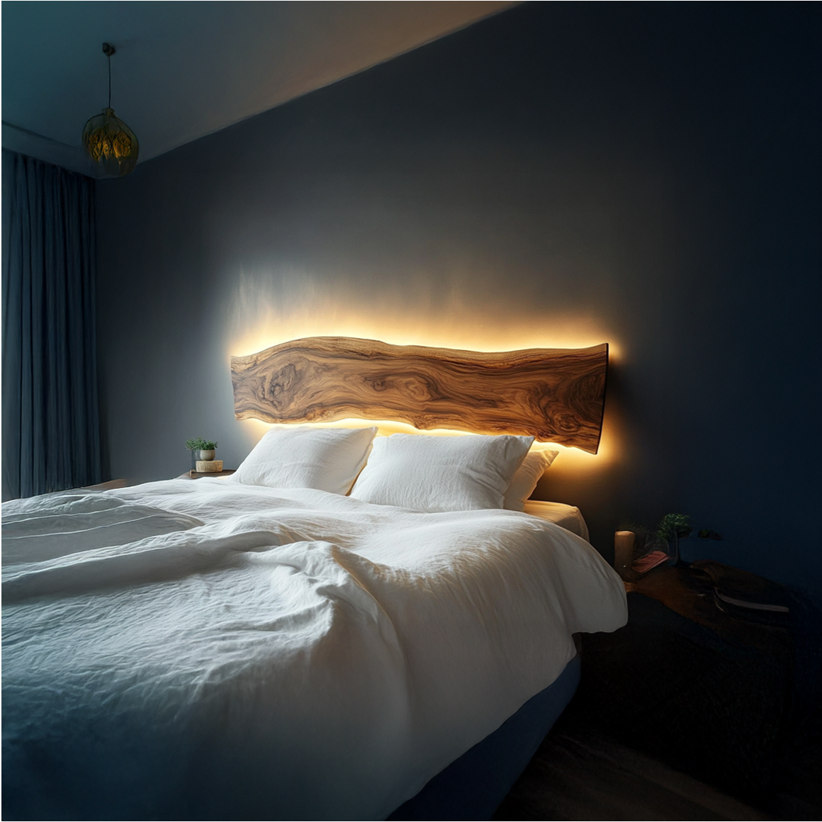 Live Edge Wooden Headboard Solid Wood Bedroom Interior Backlit Design SINLSADH007