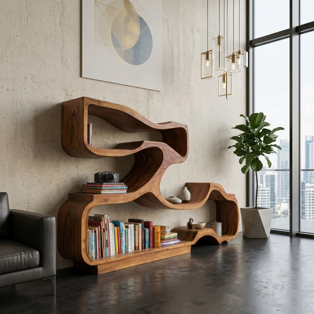 Artistic Bookshelf With Flowing Design For Living Room SITHHNBS032