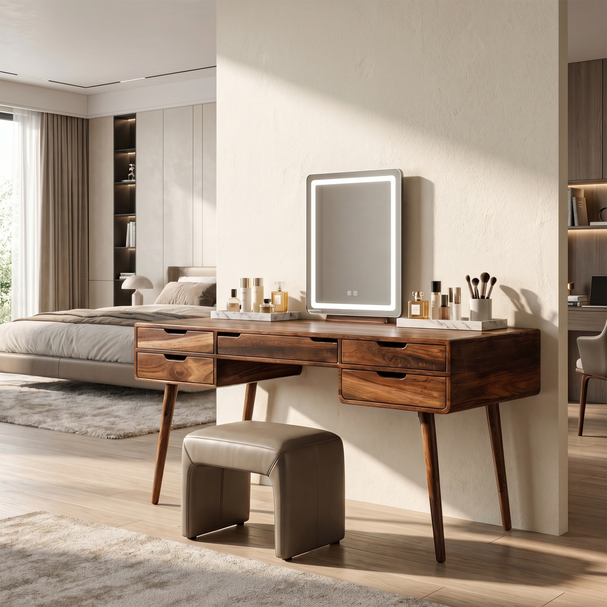 Classic Wooden Makeup Vanity Desk, Handcrafted Dressing Table with Storage Drawers for Bedroom Beauty Area & Dressing Room, SILDTTRMV024