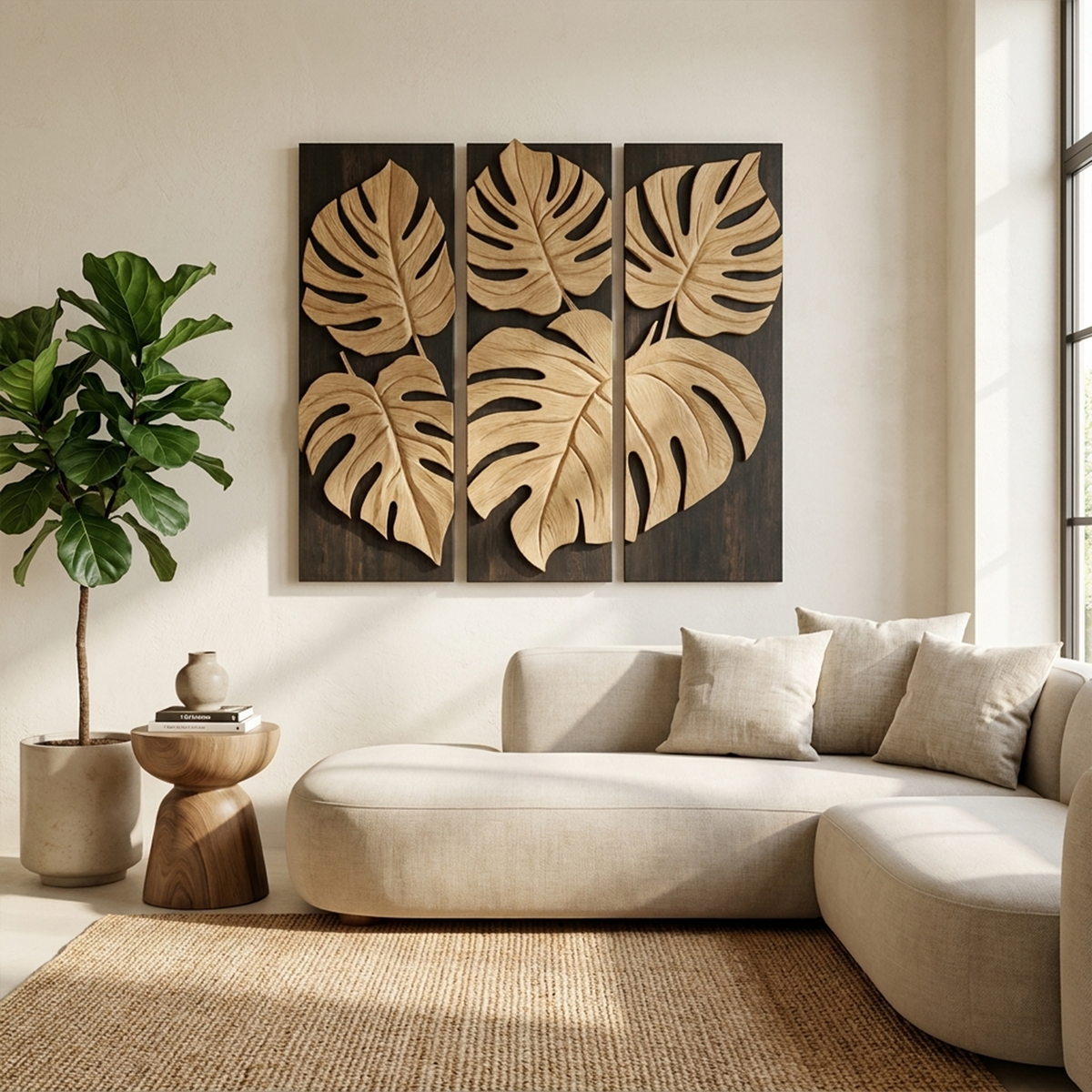 Carved Monstera Leaf Solid Wood Wall Art Triptych Statement Decor SINLKIWD023