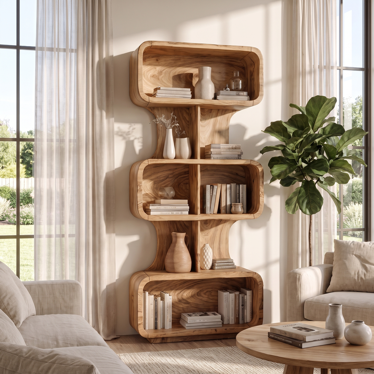 Mid Century Bookshelf Handcrafted Solid Wood Design For Home Office SINLKIBS055