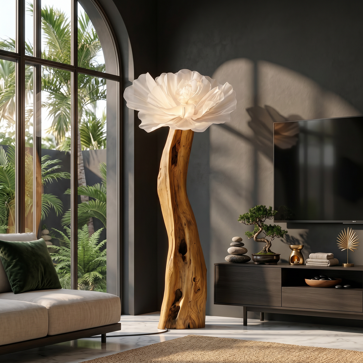 Artistic Flower Floor Lamp Sculptural Wood Base For Living Room SINLSAFLP116