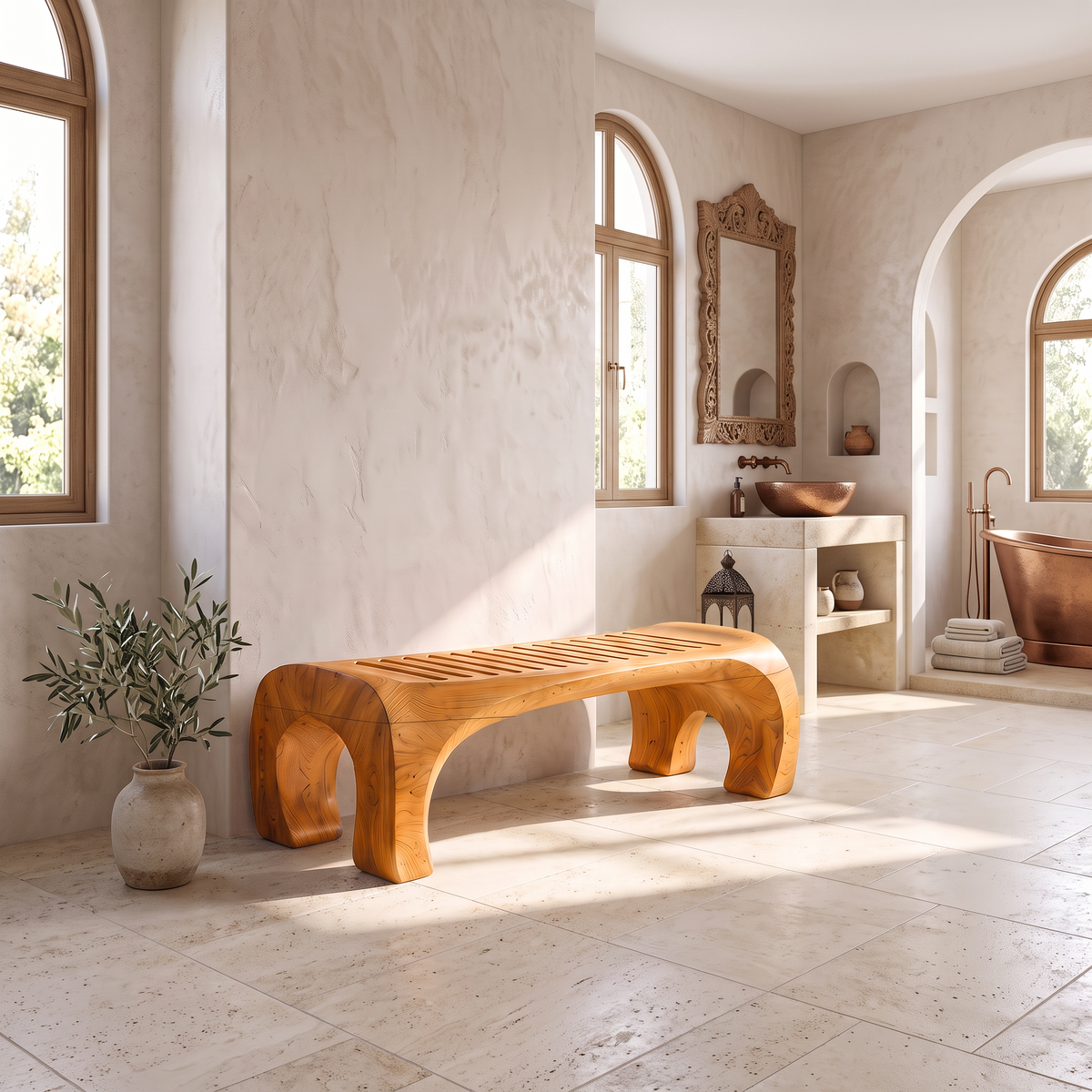 Japandi Bath Bench With Slatted Seat And Balanced Minimal Form SINLSASB008
