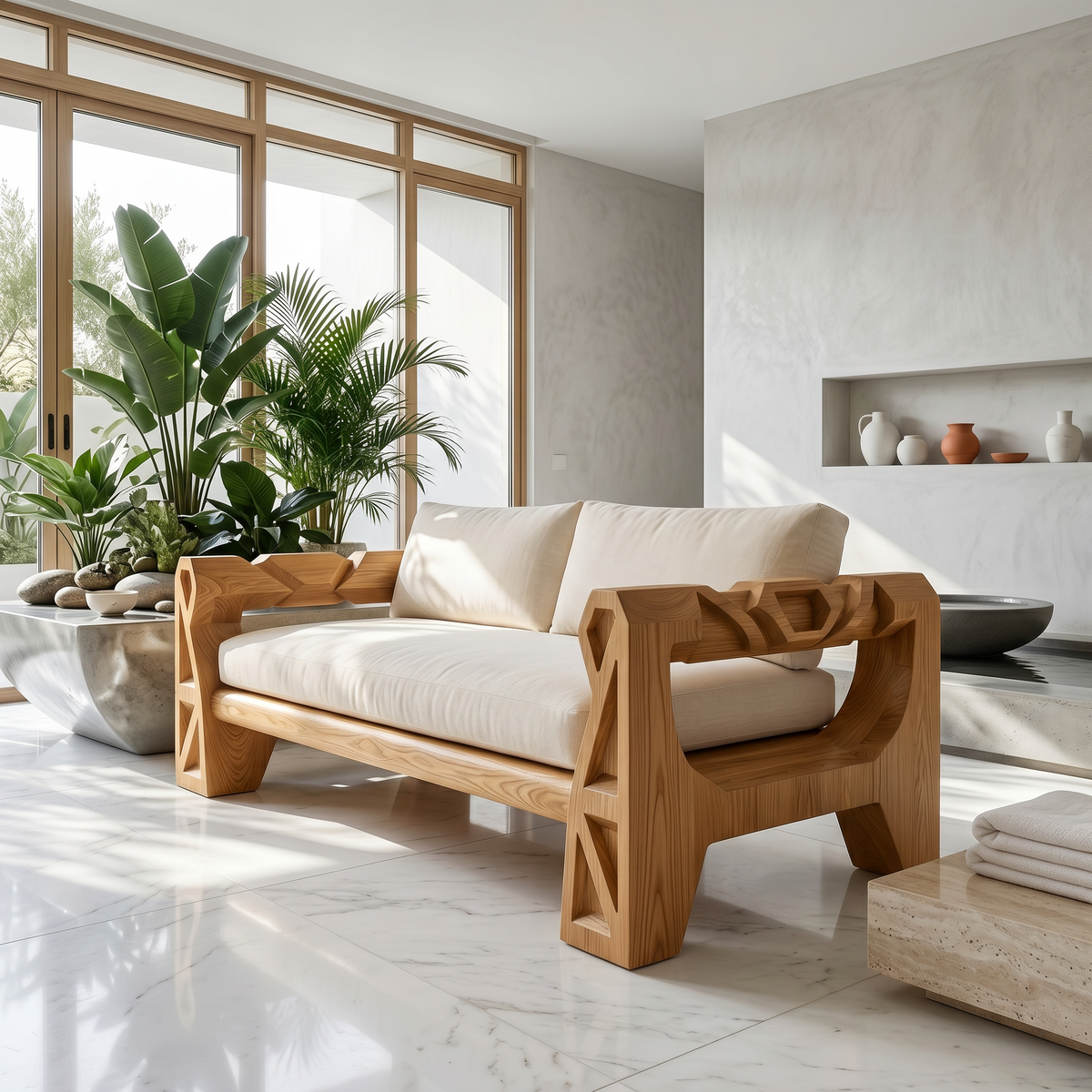 Handcrafted Sofa Frame With Sculptural Wood Armrests For Living Room SINLSASF055