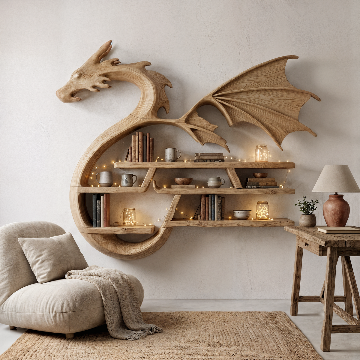 Medieval Dragon Wall Shelf With Sculptural Wooden Display Storage For Living Room SINLHABS044