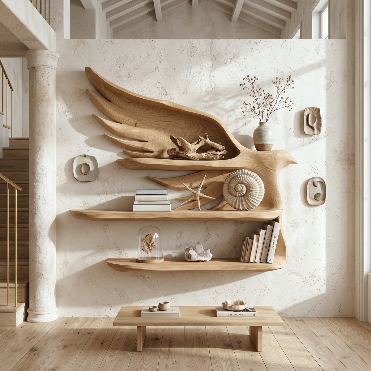 Handcrafted Wave Bookshelf With Artistic Curved Structure For Home Decor SINLHABS048
