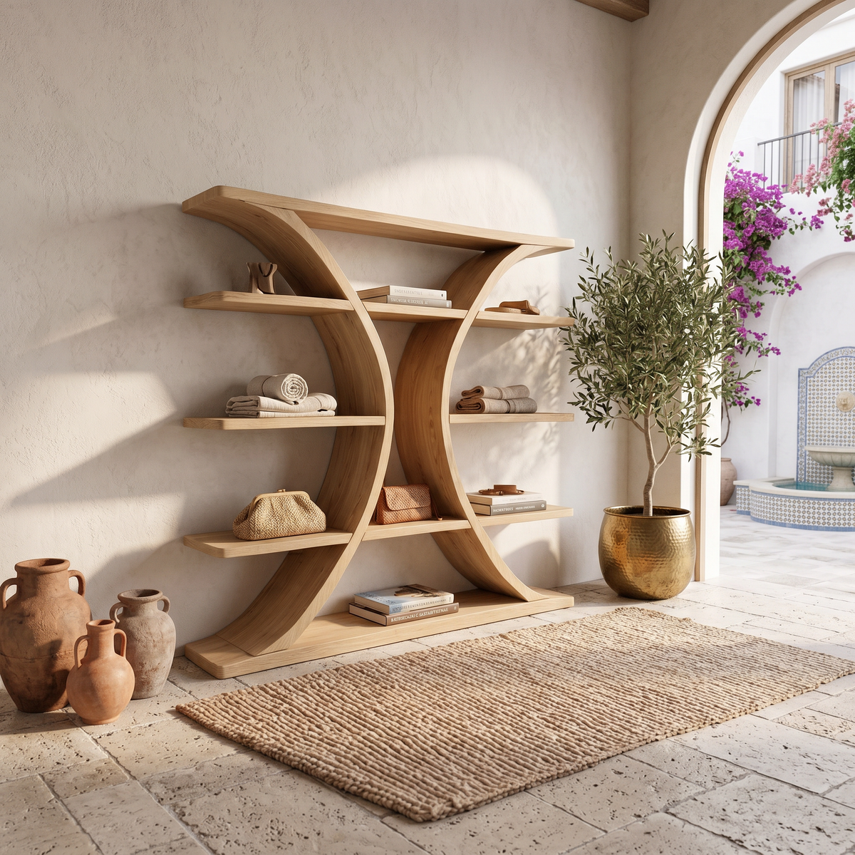 Luxury Organic Wooden Spa Shelf With Sculptural Curved Frame SILDTTRBS046