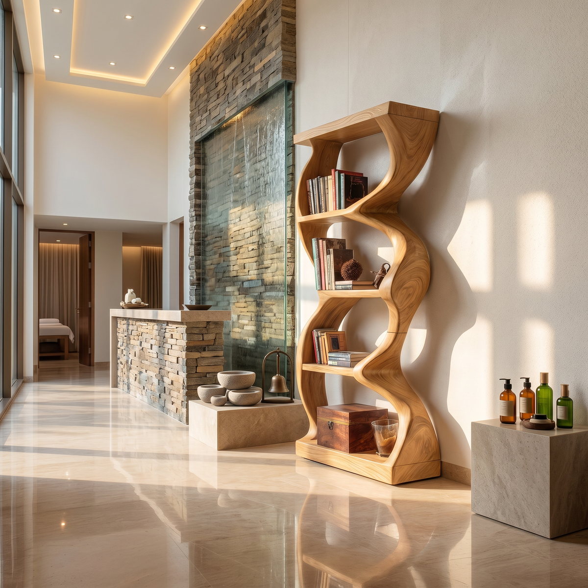 Coastal Inspired Curved Wooden Bookcase With Organic Form SILDTTRBS051