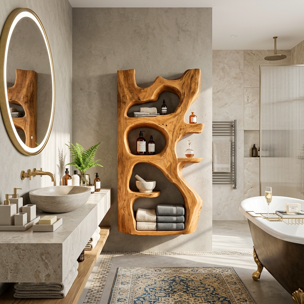 Handcrafted Sculpted Bathroom Shelf For Towels Or Storage SITHTTBAS004