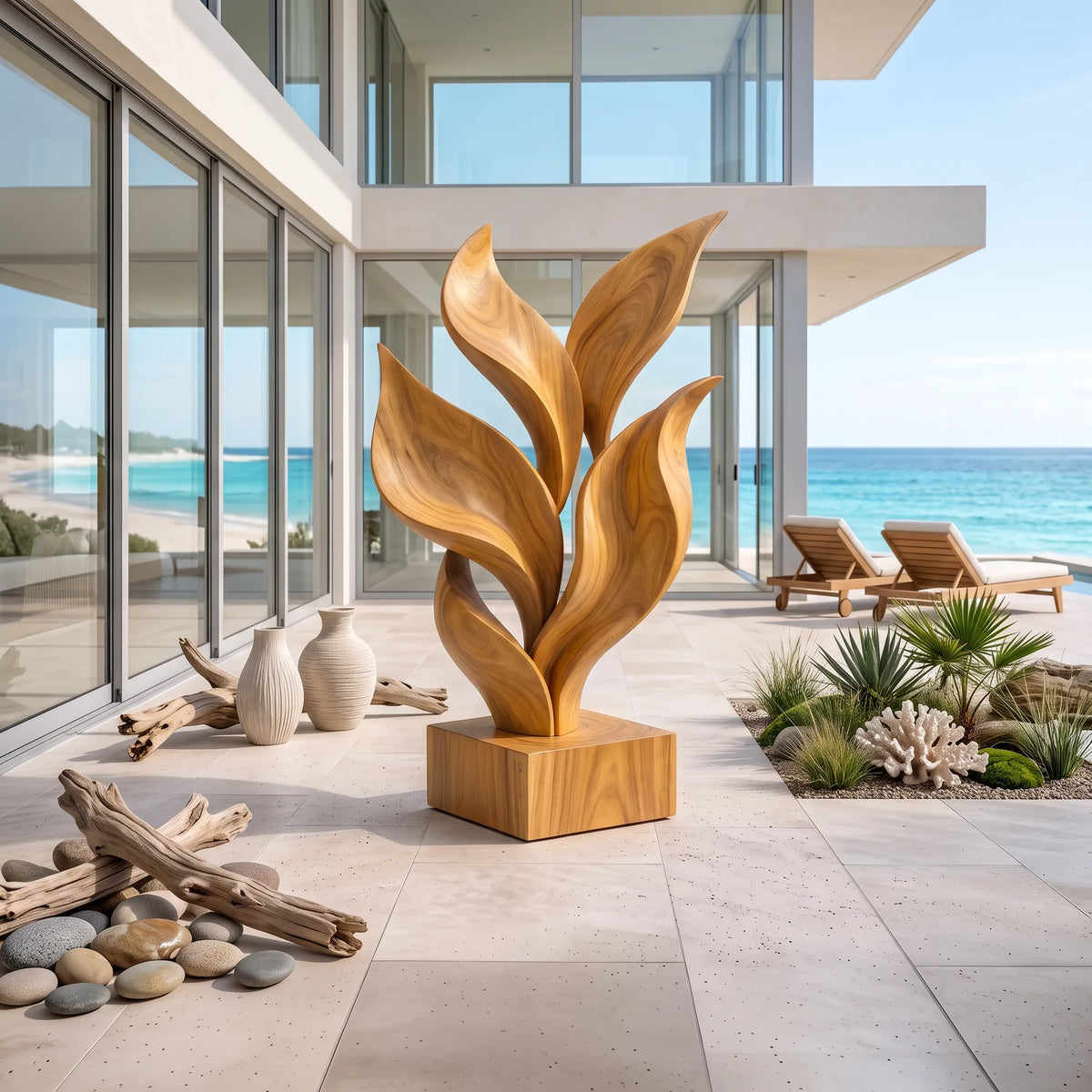 Coastal Botanical Wooden Sculpture For Luxury Beach House Decor SILDTTRAS031