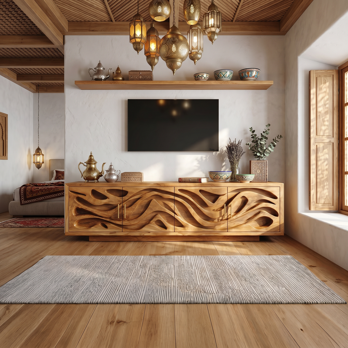 Mediterranean Coastal Wood TV Stand, Santorini Style White Wash Wooden Media Console Table for Bedroom Living Room, SILDTTRTVC091