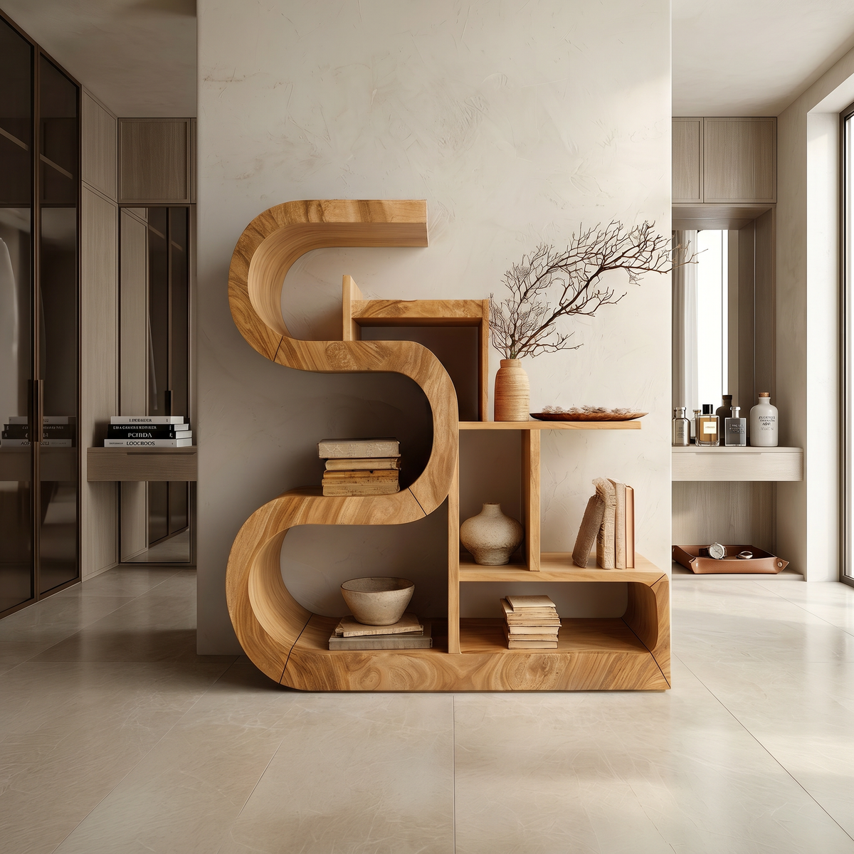 Luxury S-Shaped Wooden Storage Shelf For Contemporary Spaces SILDTTRBS053