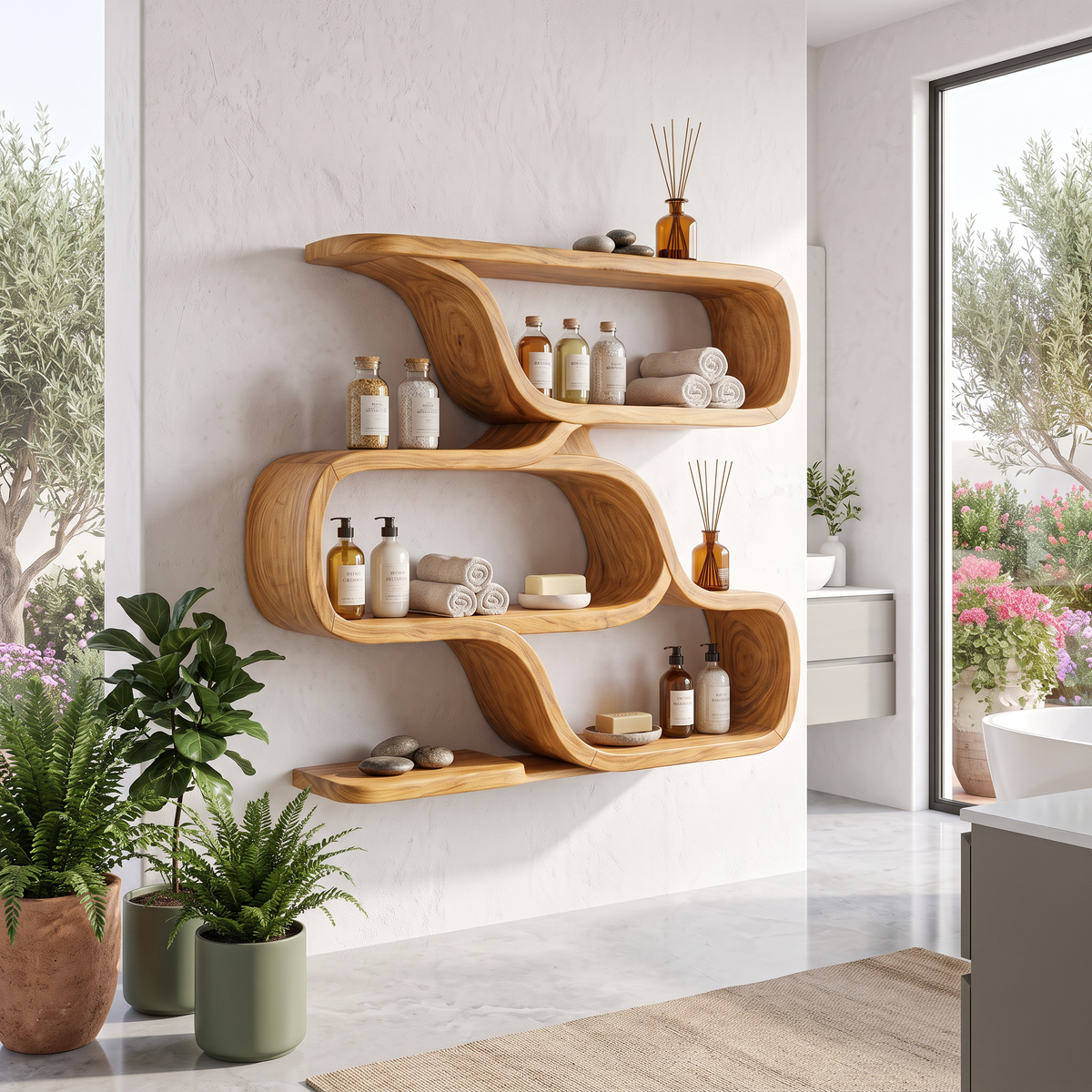 Farmhouse Curved Wood Shelves for Entryway SILDTTRWMS065