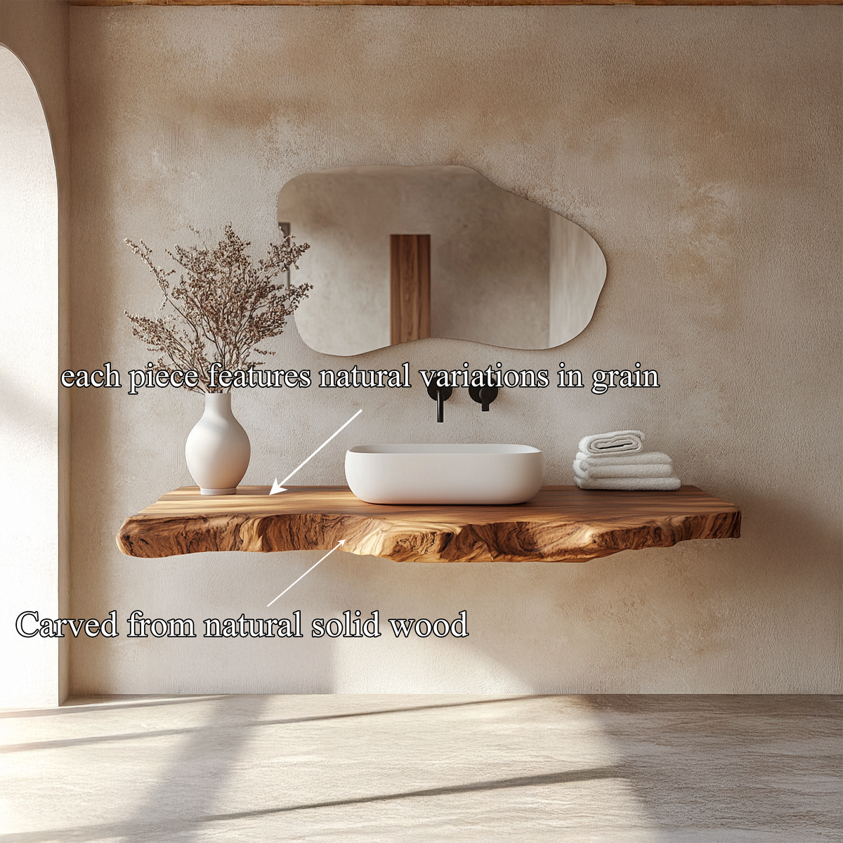 Contemporary Spa Bathroom Vanity Floating Live Edge Wood Counter SINLSABRV263