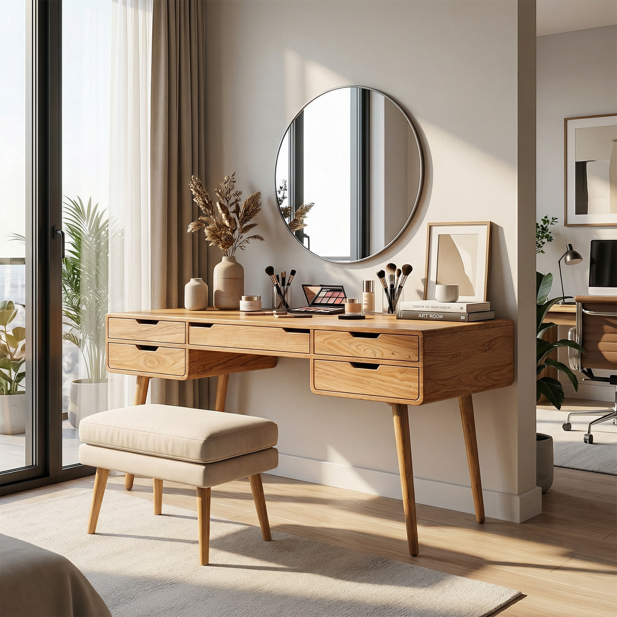 Classic Wooden Makeup Vanity Desk, Handcrafted Dressing Table with Storage Drawers for Bedroom Beauty Area & Dressing Room, SILDTTRMV024