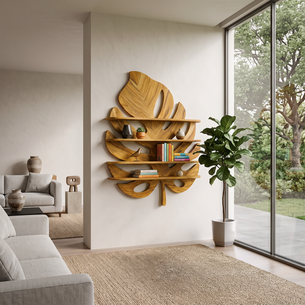 Artistic Wooden Tropical Leaf Wall Mounted Bookshelf For Home Decor RTTHTTBS081