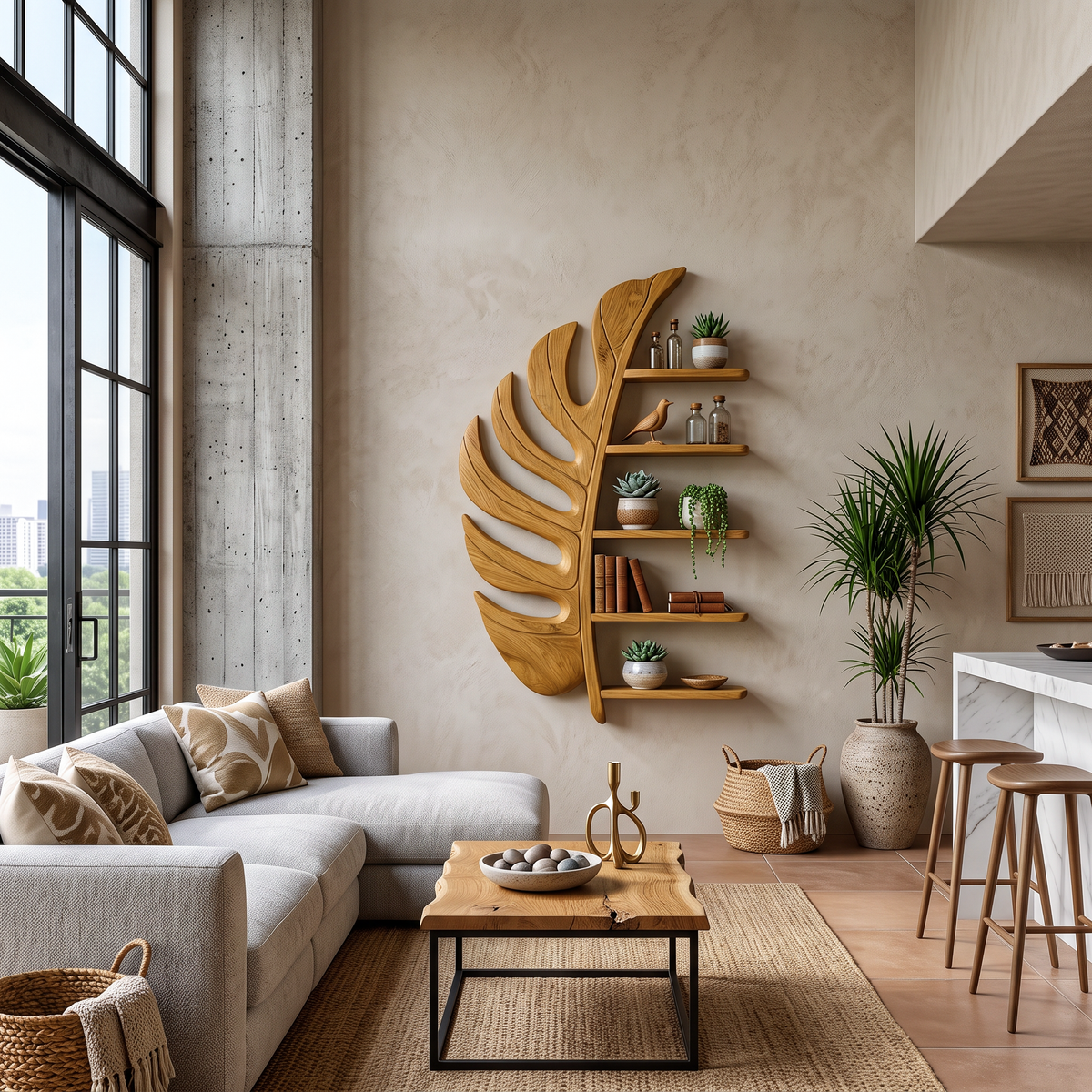 Artistic Wooden Leaf Statement Wall Bookshelf For Elegant Interiors RTTHTTBS093