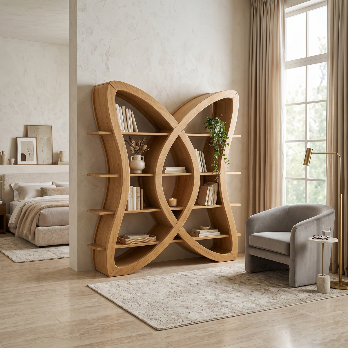 Butterfly Inspired Wooden Bookcase In Organic Style SILDTTRBS037