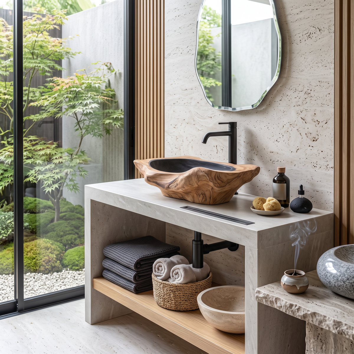 Handcrafted Solid Wood Sink, Live Edge Wooden Vessel Wash Basin Bowl with Natural Wood Grain Texture for Farmhouse Bathroom Vanity, SILDTTNVS016