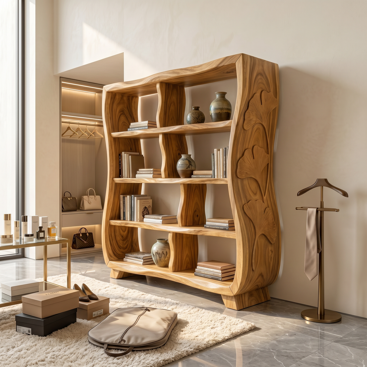 Handcrafted Wooden Bookshelf With Ginkgo Leaf Accents SILDTTRBS029