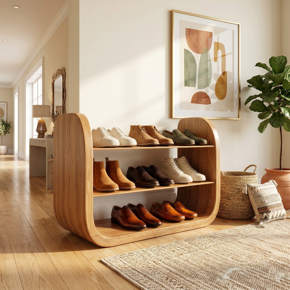 Japandi Vertical Wooden Shoe Storage Rack, Slim Space Saving Wood Shoe Organizer Stand for Entryway Nook & Hallway Placement, SILDTTRSHB023